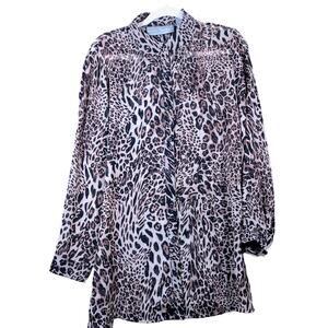 Travelers by Chicos Womens Blouse Brown Tan Animal Print Sheer Long Sleeve 1 (M)